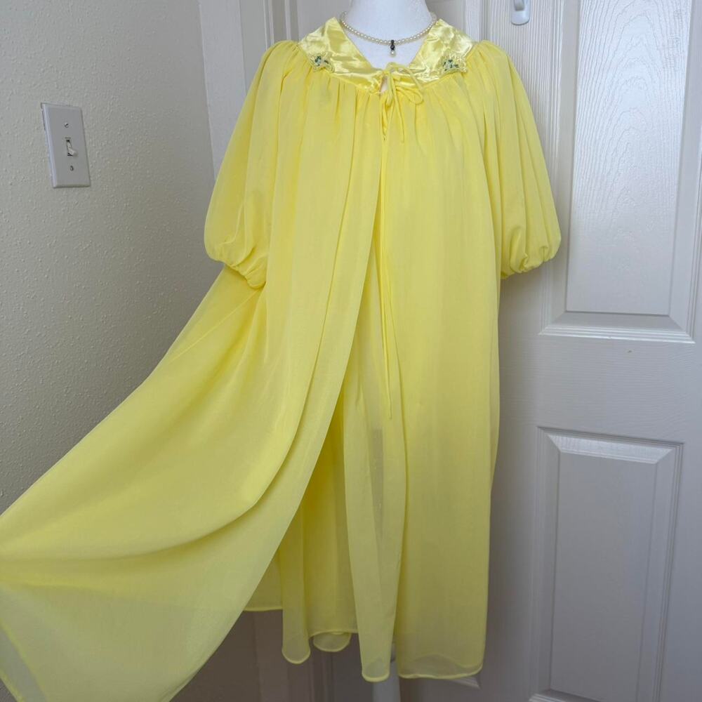 Vintage Babydoll Lingerie Double Chiffon Peignoir Nightgown Set Yellow M